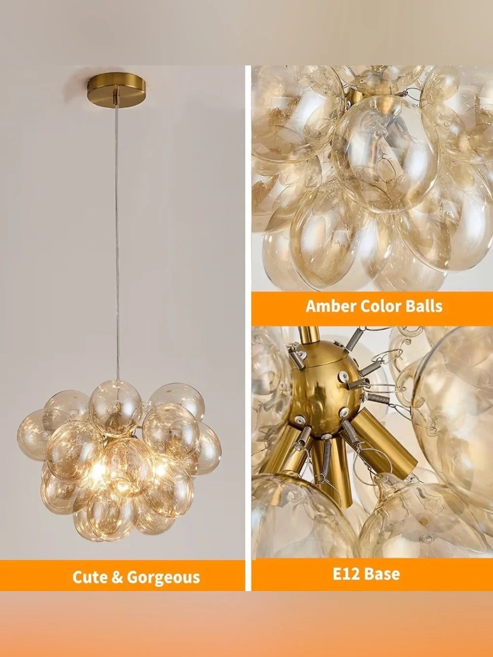 Surpars House Cognac Bubble Glass Chandelier 4-Light Modern Gold Ceiling Pendant